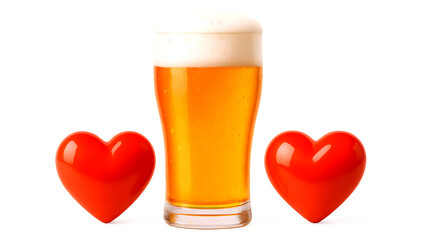Minimal 3D illustration of a beer glass with red hearts around it