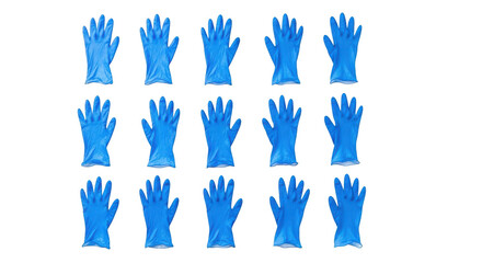 Collection of blue medical gloves arranged in rows isolated on transparent background