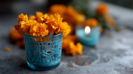 A vibrant close-up still life capturing turquoise carved candle holders decorated with bright orange marigold flowers. The intricate cutout patterns in the holders glow warmly from