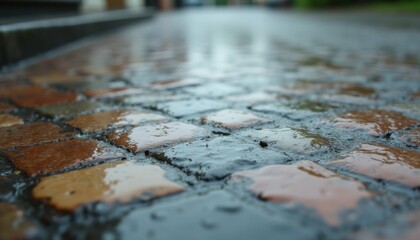 Naklejka premium Wet cobblestone street reflecting overcast sky, atmospheric low angle detail of textured pavement after rain shower