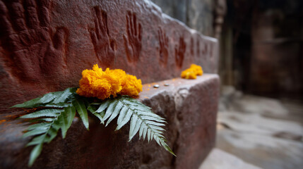 Ancient Sati handprints carved into an ochre-red stone wall at Mehrangarh Fort, Jodhpur, captured in dramatic close-up. The sacred imprints are arranged in a vertical pattern, thei