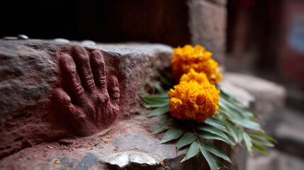 Ancient Sati handprints carved into an ochre-red stone wall at Mehrangarh Fort, Jodhpur, captured in dramatic close-up. The sacred imprints are arranged in a vertical pattern, thei