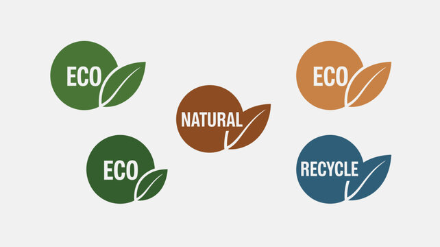 A collection of eco friendly and natural icons with leaves and circular designs on a light background