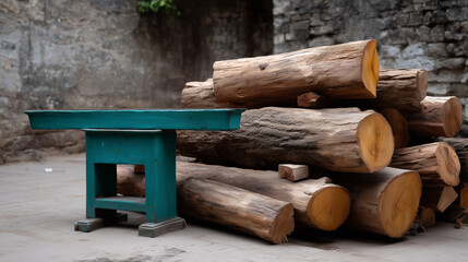 A detailed scene showing a large stacked pile of firewood at a traditional ghat crematorium in Varanasi, India. Thick logs of various sizes are arranged in tall, uneven piles again
