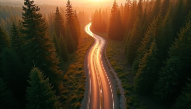 Serene forest road bathed in warm golden hour light, leading through lush pine trees into misty distance