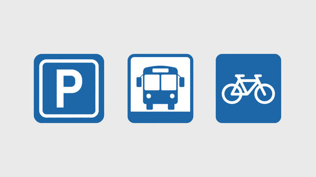 Three blue and white signs depicting parking bus and bicycle on a light gray background transportation icons
