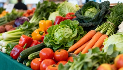Vibrant fresh market produce display featuring crisp lettuce, ripe tomatoes, colorful bell peppers, and healthy carrots, inviting a wholesome lifestyle.