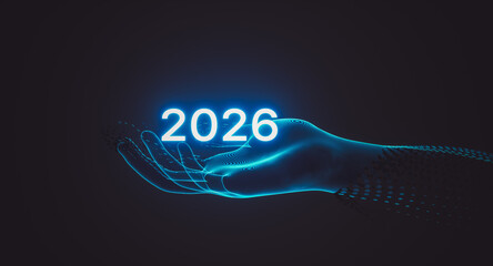 Futuristic Hologram Hand Holding illuminated year 2026. 3d rendering
