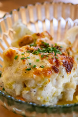 cauliflower pie, Emmental cheese, almonds and Ras El Hanout, 