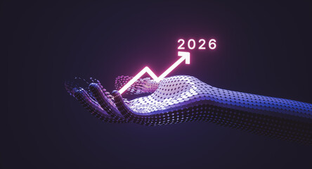 Futuristic Digital Hand Holding Rising Growth Chart with illuminated year 2026. 3d rendering