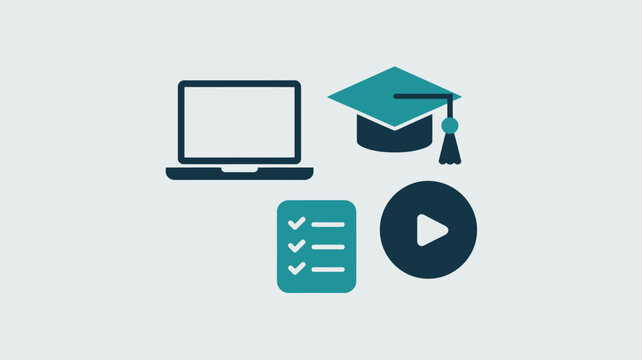 A flat illustration showing a laptop, graduation cap, checklist, and play button on a light background
