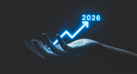Futuristic Digital Hand Holding Rising Growth Chart with illuminated year 2026. 3d rendering
