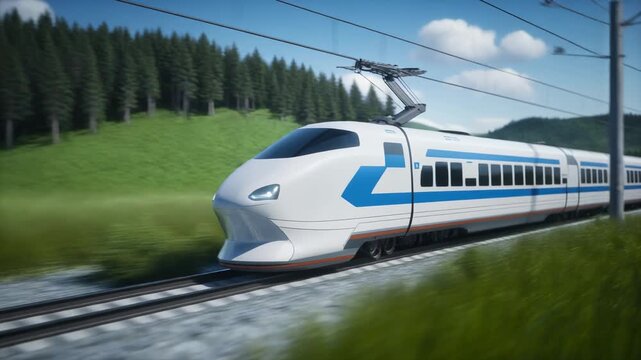 Modern High-Speed Train Traveling Through a Lush Green Landscape (202) photo