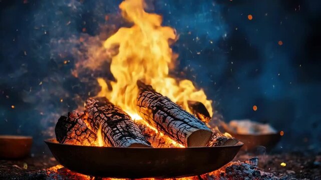 Lohri festival celebrating winter harvest with a traditional bonfire, logs burning warmly, and sesame seeds offering for prosperity and good fortune