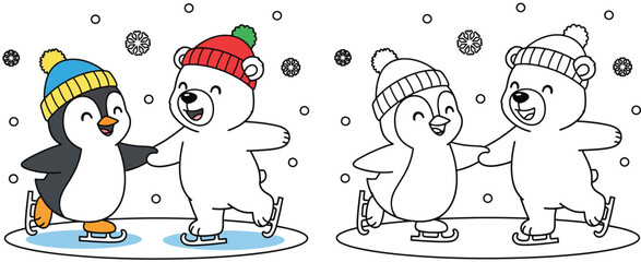 Cute cartoon penguin and polar bear ice skating together coloring page. Vector illustration of happy winter animals holding hands on ice rink with outline for kids.