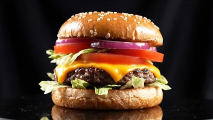 Delicious Cheeseburger 4K Video - A Close-Up Shot of a Mouthwatering Burger on a Dark Background