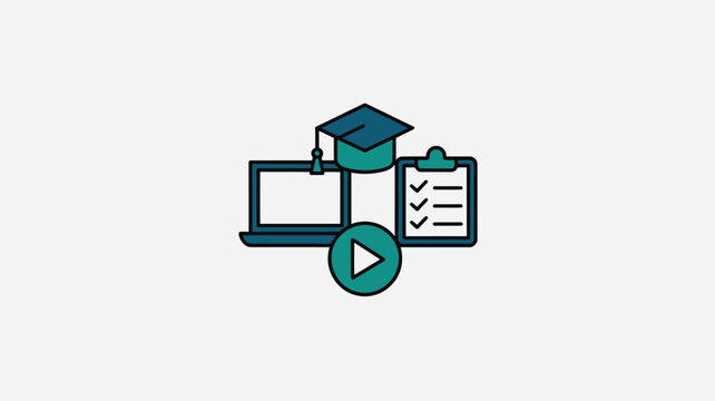 A graphic illustration showing a laptop, graduation cap, checklist, and a play button icon centered