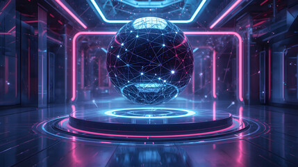 fiber optics background with lots of light spots, Futuristic AI Orb Sphere in Neon Setting 