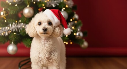 Whisk bd12da442b0059388fd47c48d7737835dr gigapixel high fidelity v2 4x White poodle with a Santa hat against a festive Christmas tree. Pet animal celebrating New Year or holiday.