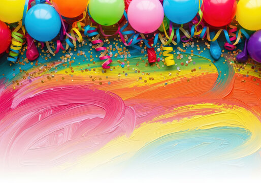 Colorful balloons, streamers, and confetti on a vibrant painted background