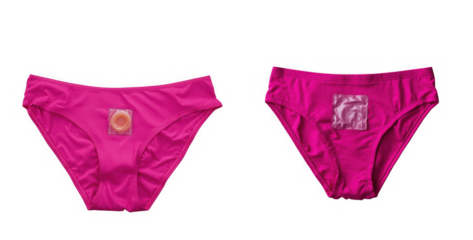 Two vibrant pink high waisted bikini briefs with decorative embellishments isolated on transparent background