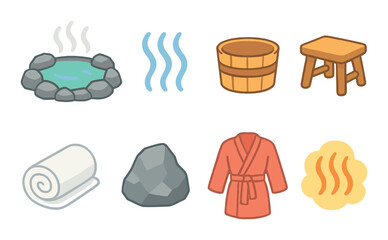 Sauna essentials illustration: hot springs, steam, bath bucket, stool, towel, stone, robe