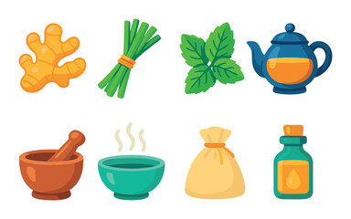 Herbal medicine icons: ginger, lemongrass, mint, teapot and mortar set