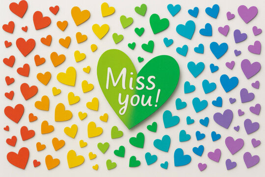 Green heart with Miss you text surrounded by colorful paper hearts in rainbow layout, flat lay greeting card design. Rainbow palette. Symbol of love