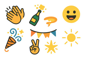 Colorful emoji celebration with party icons and bright symbols