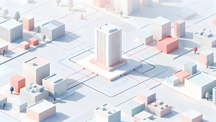 Fototapeta premium Isometric Digital Workflow Cityscape: Abstract Geometric Network Illustrating Data Flow, Digital Collaboration, Modern Minimalist Pastel Urban Landscape, Soft Daylight – Perfect for Business, Tech,