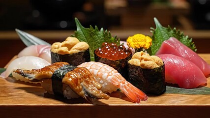 Delicious Assortment of Sushi and Sashimi Dishes in 4K Video, a Culinary Masterpiece