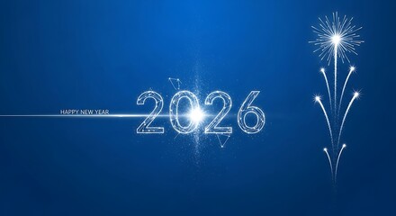 Sparkling 2026 new year celebration with fireworks on a blue background