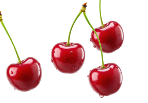 Multiple vibrant red ripe cherries, glistening with water droplets, float and fall against a transparent background in a photorealistic studio macro shot, concept of fresh fruit purity