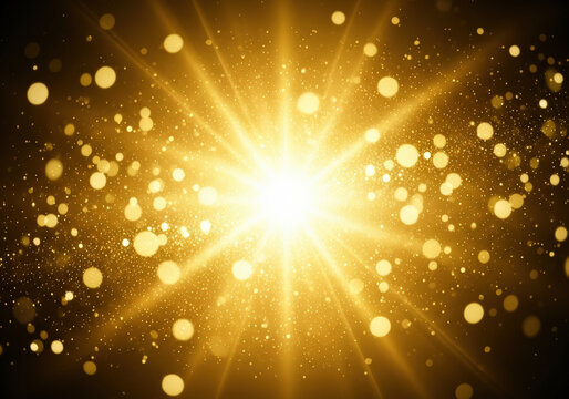 Abstract golden light burst with bokeh effect on a dark background