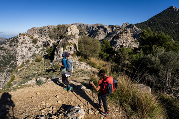 Naklejka premium Hikers ascending the Puig de Cornadors, Natural area of the Serra de Tramuntana., Majorca, Balearic Islands, Spain
