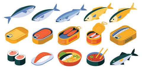 Fototapeta premium Collection of canned fish and sushi illustrations