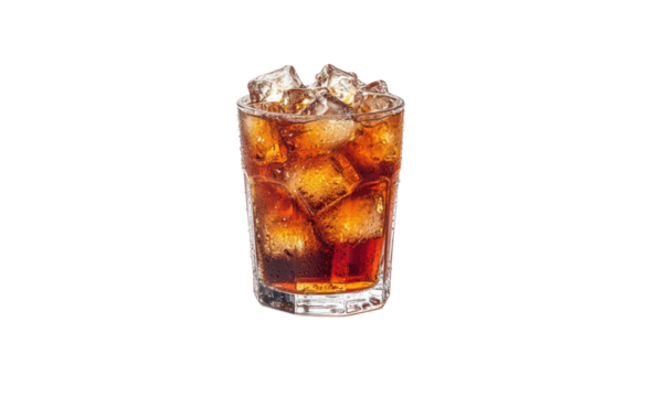 Refreshing Ice Cold Cola: A crisp, inviting image of a tall glass filled with fizzy cola, brimming with ice cubes, evokes the ultimate refreshment