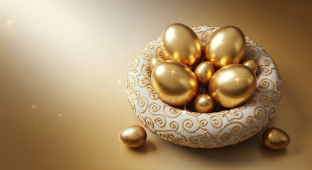Luxurious Golden Eggs resting in an elegant white and gold ornamental nest, symbolizing wealth, investment, and Easter celebration on a glittering background.