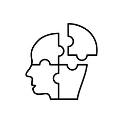 Human head profile and jigsaw puzzle, cognitive psychology or psychiatry therapy concept icon vector design
