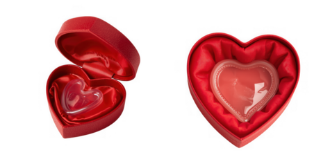 Two red heart shaped jewelry boxes one open and one closed isolated on transparent background