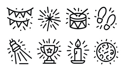 Party celebration icons: decorations, candles, trophies, and fireworks