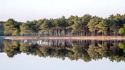 Obraz premium order. Calm lake mirroring a pine forest in symmetrical reflection under tranquil morning light. travel magazines, destination branding, designed for travel destination branding, used by hr managers.