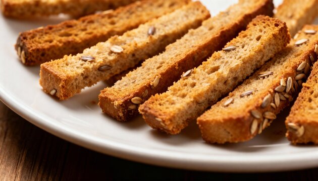 Close-up shot of golden brown toasted breadsticks with sunflower seeds on a white plate, food photography - Powered by Adobe