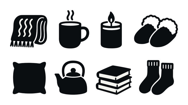 Cozy icons of comfort: blanket, mug, candle, slippers, pillow, teapot, books, socks