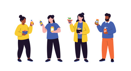 Fototapeta premium Diverse group of people holding and showing various healthy food products and supplements for a nutrition concept illustration.