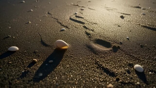 Black sand ripple background with tiny grain glints and minimal shell micro-rotation