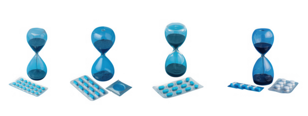Four blue glass hourglasses with sand and small ice cubes isolated on transparent background