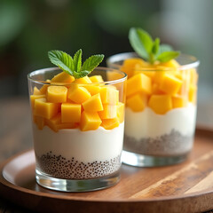 Gourmet Mango Chia Jar with Mint and Wooden Presentation