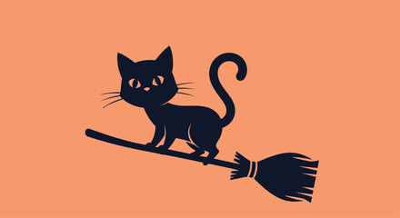 Silhouette of a cute black cat flying on a witch's broomstick for a magical Halloween design on an orange background.