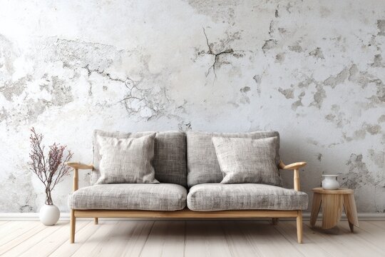 Minimalist seating arrangement rests against an aged, textured wall backdrop